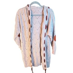 Boho Diamond Pointelle Knit Hooded Cardigan Suede Elbow Patches Cream Tan XL